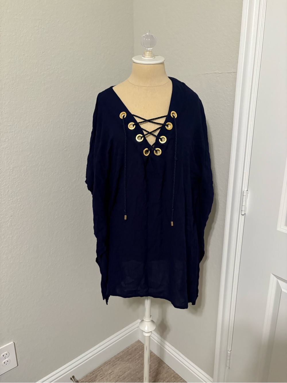 La Blanca Navy Lace-Up V-Neck Swim Coverup with Gold Eyelets